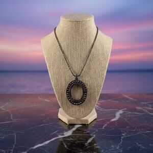 Premier Designs Black Oval pendant necklace w/black faux diamonds